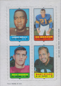 Four-In-One card containing Leroy Kelly, Rams defensive back Ed Meador, Falcons receiver Ray Ogden, and Packers quarterback Bart Starr