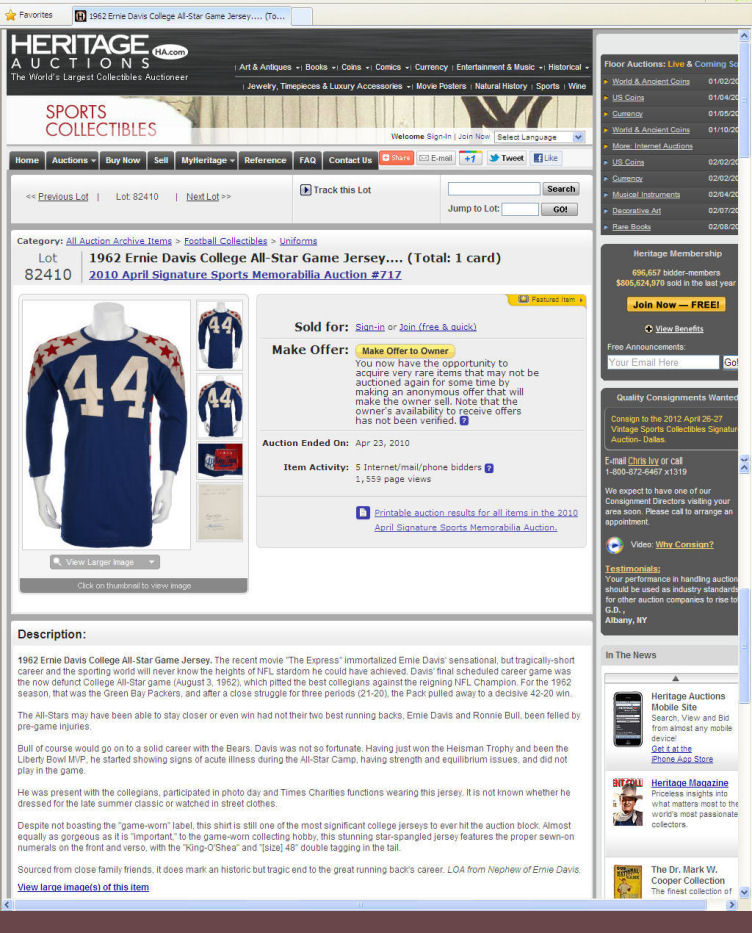 Article on the Ernie Davis College All Star Game Jersey