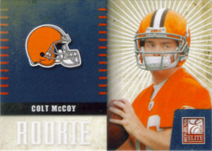 2010 Colt McCoy Rookie Panini Donruss Elite NFL Team Logo #7 football card - Serial no. 099/999