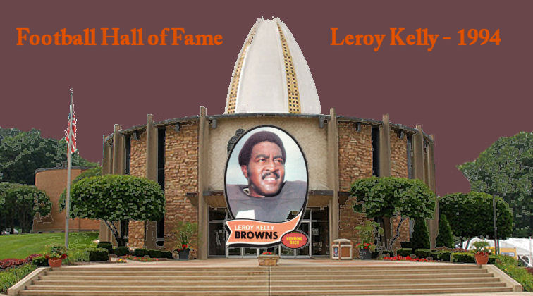 1970 Leroy Kelly Topps Football Card on Canton Football Hall of Fame building and linking to the Hall of Fame website article on Leroy Kelly
